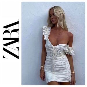 NWOT Zara Blogger’s Favorite Linen Blend Ruched Ruffled Tie Front Mini Dress